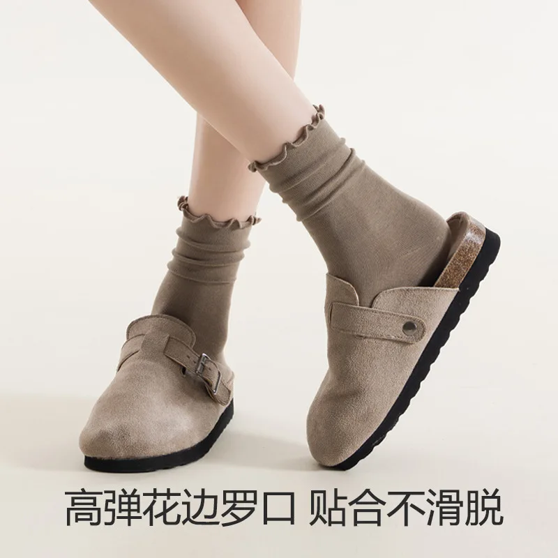 رمادي ترهل الجوارب مرونة لطيف كشكش حافة تنفس منتصف العجل جوارب قطنية الخريف الشتاء بسيطة سهلة مطابقة الجوارب النسائية #3