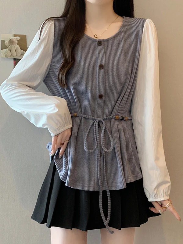 

Slimming Large Size Women's Vintage Long Sve irt with Belt Spring New Sle Faionable Top Korean Sle Loose Fit