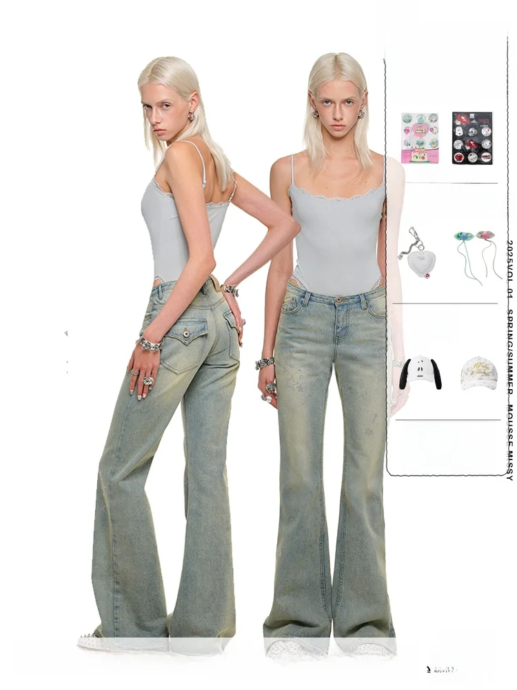 

1JINN STUDIO Women's Slim Fit Low Waist Denim Jeans Micro Flare Washed Rhinestone Casual Pants Vintage Style Commute