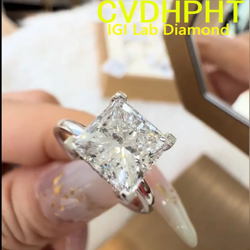 

luxury Solid 18K White Gold Ring IGI Lab Growing Diamond Princess Cut D Color 1 2 3Ct wedding engagement ring