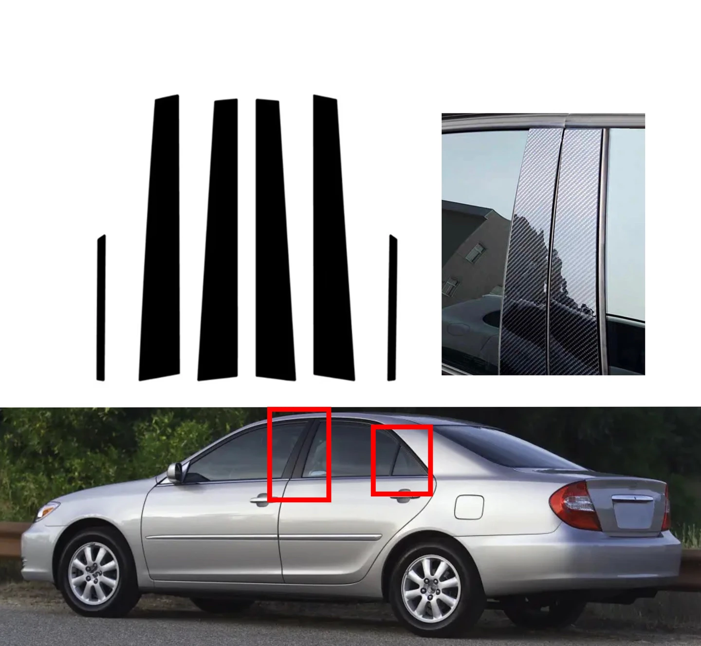 

Fit For Toyota Camry XV30 2002 2003 2004 2005 2006 6Pcs Silver Carbon Glossy Black Pillar Posts Door Window Decor Sticker Cover