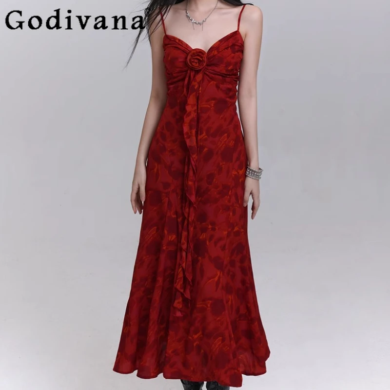 

Fashion Three-dimensional Flower Party Red Suspender Dress Women's Summer New Temperament A-line Sexy V-neck Print Long Dresses