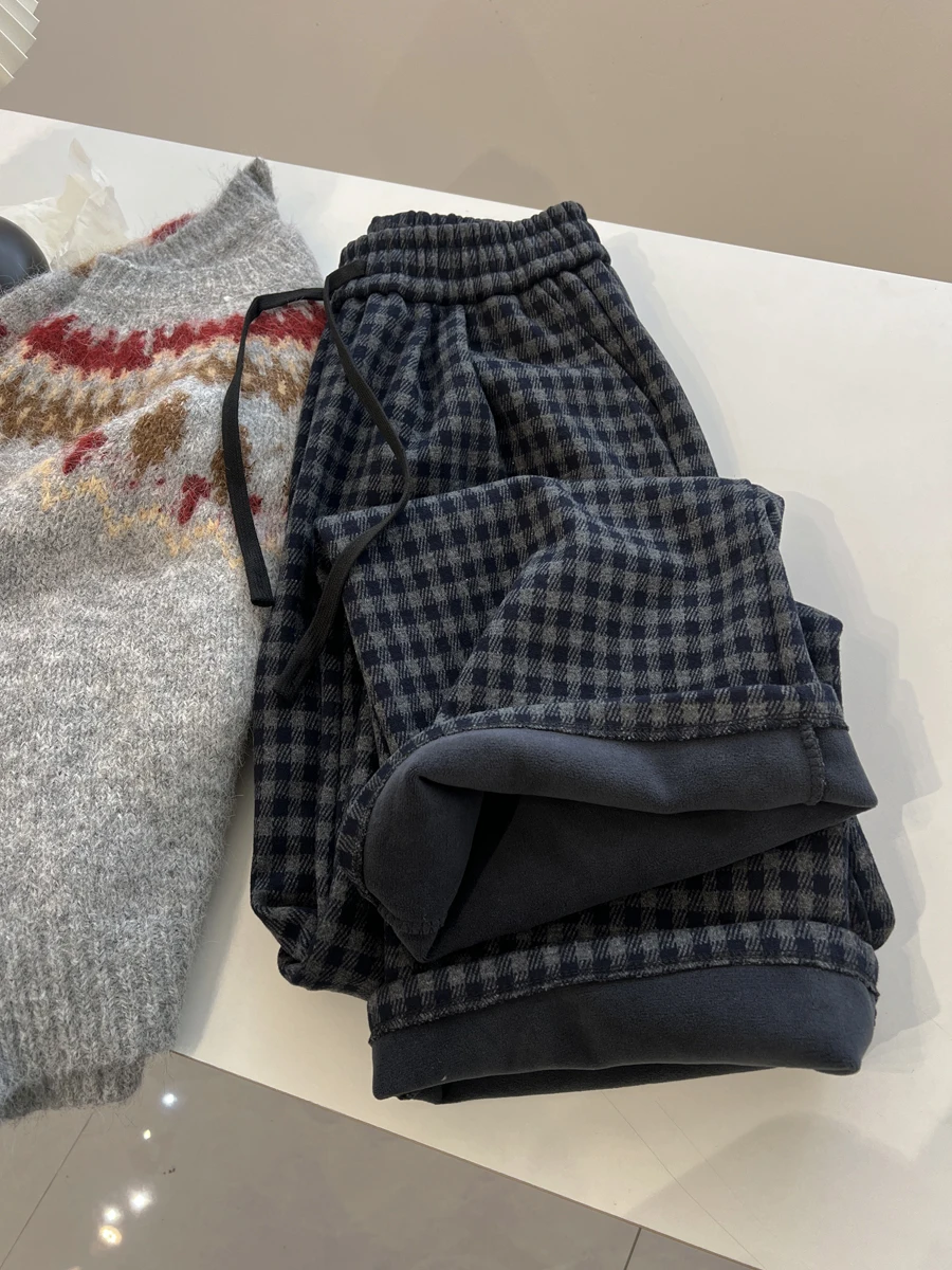 กางเกงขายาวทรงตรงเอวสูงไซส์ใหญ่บุซับใน ลายสก็อต ผ้าหนา อุ่นสบาย ใส่ลำลอง ใส่ทำงาน สำหรับผู้หญิง ฤดูหนาว