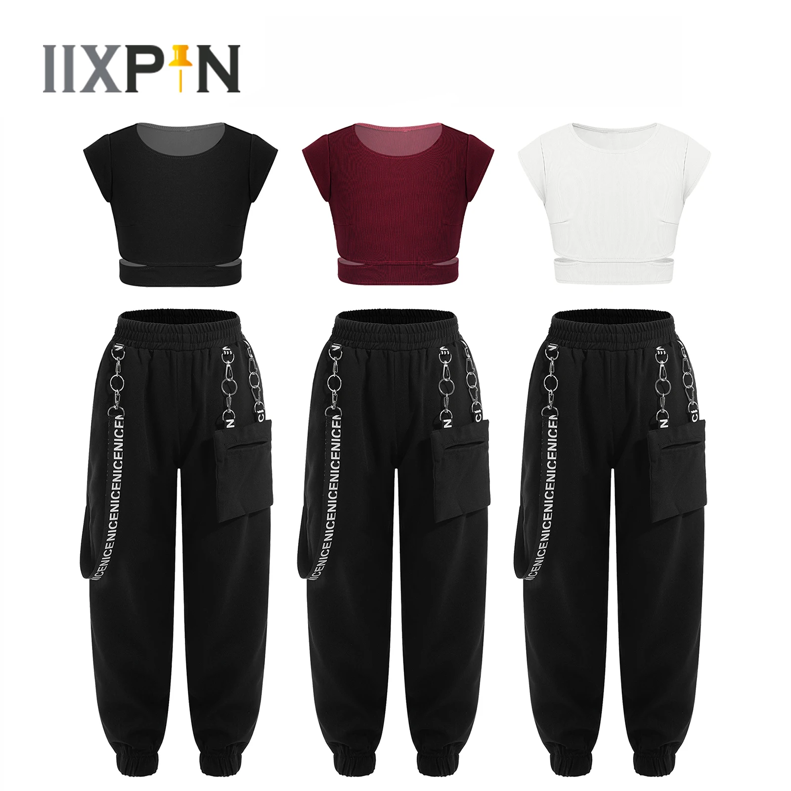 

IIXPIN Kids Girls Hip Hop Jazz Dance Clothes Cap Sleeves Tank Crop Tops+Metal Chain Cargo Pants Casual Sweatpants Streetwear