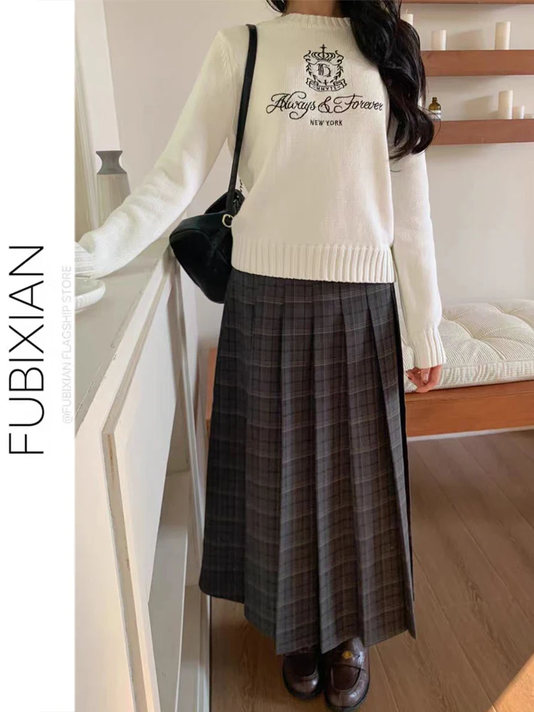 

Корейская винтажная юбка миди в клетку с высокой талией для осени и зимы, женская юбка в клетку, юбка в горошек