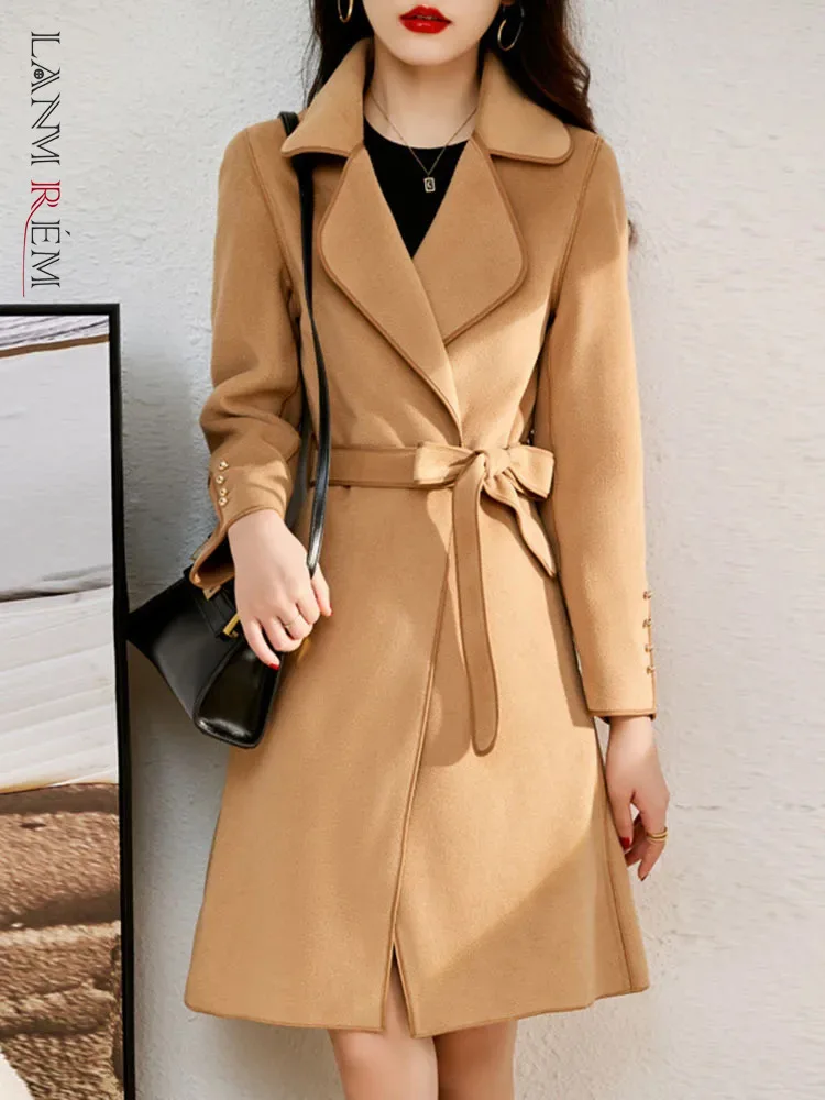 

LANMREM Loose Double-sided Woolen Coat For Women Lapel Long Sleeves Mid Length Belt Fashion Coats 2024 Winter New 2DA7823