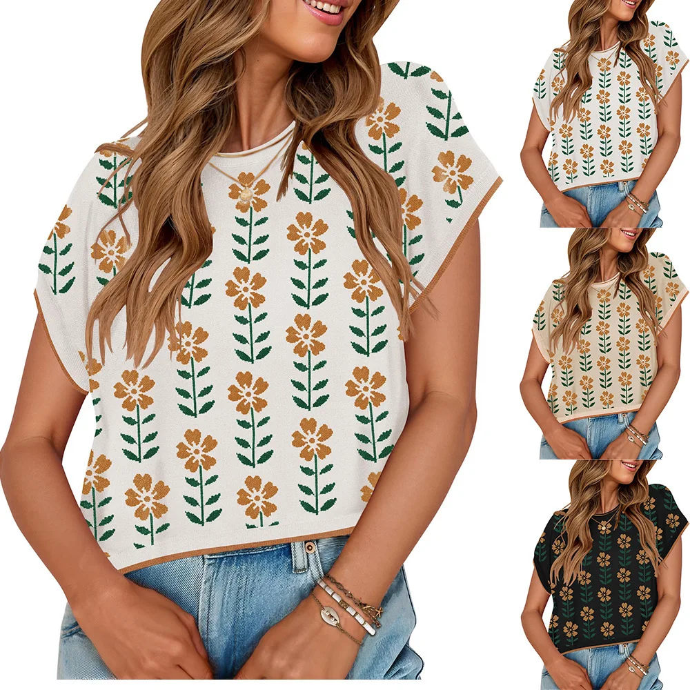 

Женский винтажный трикотажный топ с коротким рукавом и цветочным принтом, повседневная укороченная футболка с круглым вырезом и контрастной отделкой для летней повседневной носки
