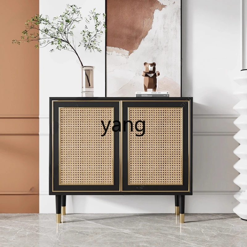 

LH New Chinese Style Solid Wood Sideboard Integrated Wall-Mounted Wabi-Sabi Style Rattan Storage Cabinet
