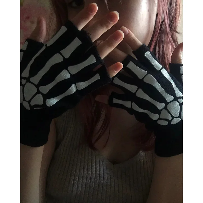 1-6pairs Halloween Skull Gloves Punk Luminous Glow in The Dark Skeleton Half Finger Glove Cosplay Non-slip Wrist Stretch Mittens