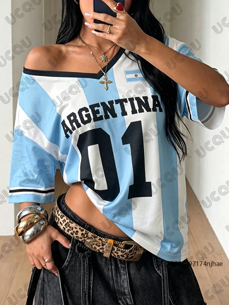 Summer New Stripe Argentina No.7 Print Women‘s Surfing T-Shirt V-Neck Sports Tees Football Jersey Y2K Loose Kids/Adult Tops view 3