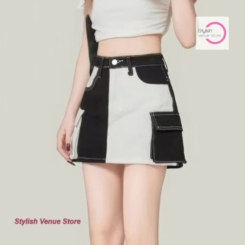 American vintage embroidery design denim skirt female summer fashion high waist spice girl A-word anti-exposure hip shorts skirt