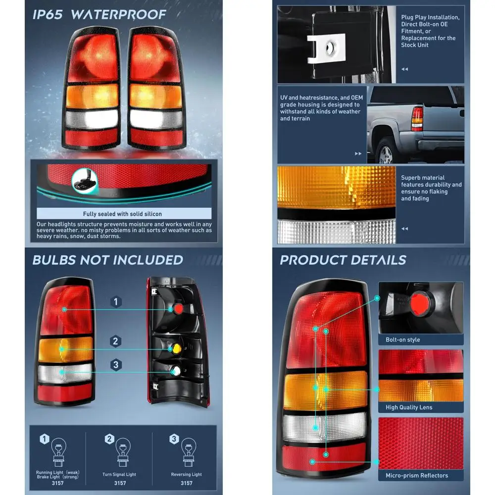 

GM Sierra 1999-2006 Chevy Silverado Fleetside Tail Lights, OE Style, Black Border, Driver & Passenger Side