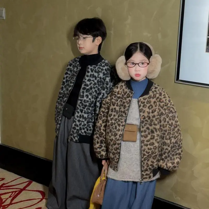 2025 Winter New Children Long Sleeve Coat Girls Thick Warm Zipper Cardigan Fashion Leopard Print Boys Casual Jacket Kids Clothes
