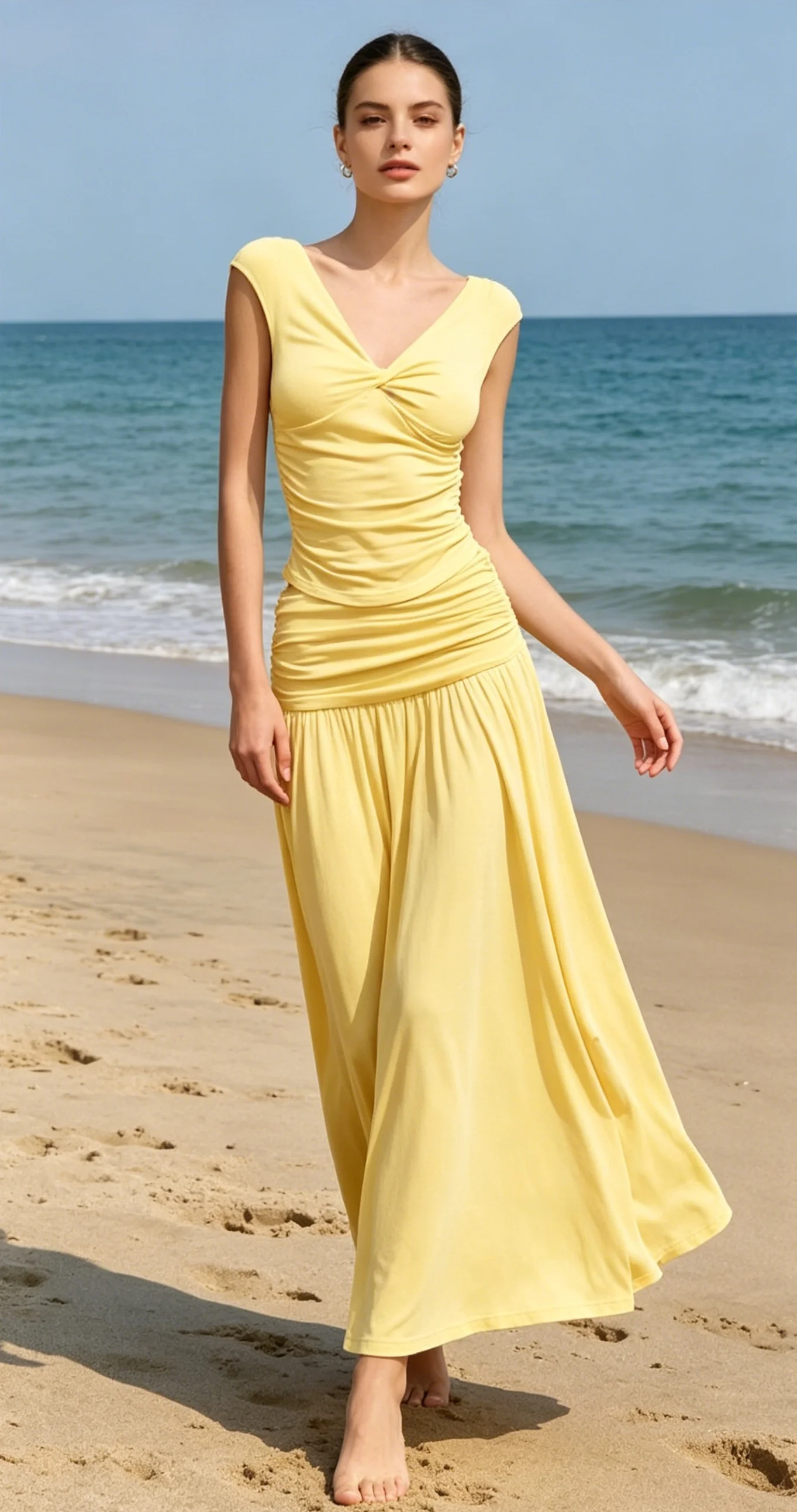 

Summer French gentle and sweet vacation style twisted V-neck pleated date outfit solid color sleeveless set