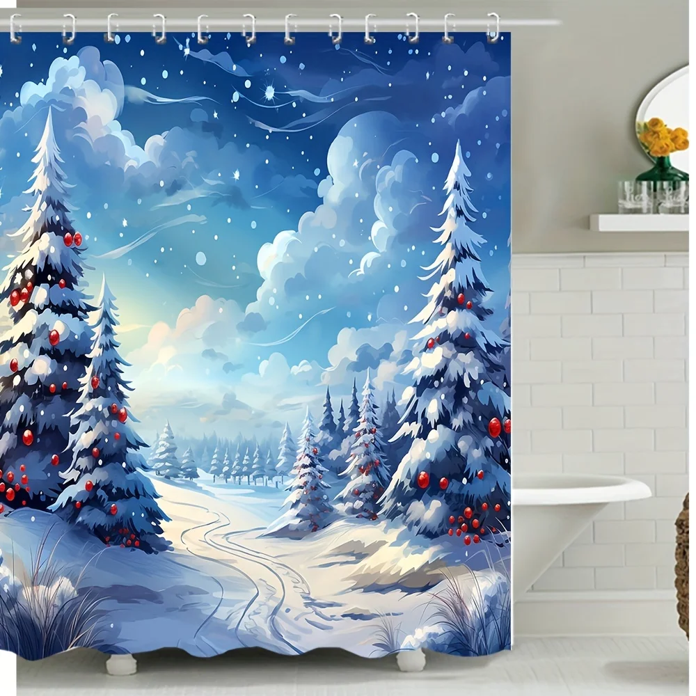 Christmas Shower Curtain Waterproof Snowy Pine Forest Winter Landscape Bathroom Decor Xmas Tree Snowflake Bath Screen With Hooks