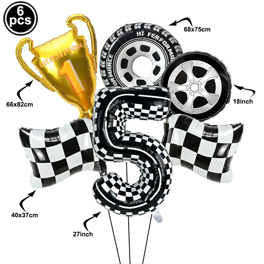 Race Car Birthday Balloons Boys 0-9rd Birthday Decor Car Wheels Trophy Black and White Checkered Race Track Number Balloons Set