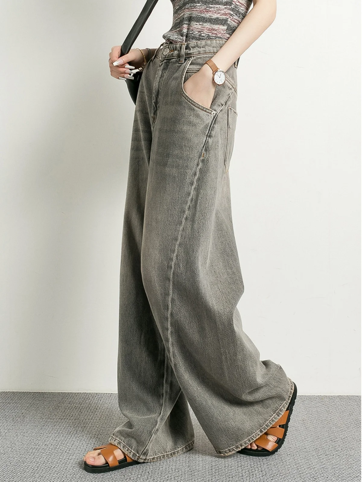 

Модные джинсы с цветочным принтом, широкие штанины, высокая талия, длинные брюки, весна-осень, женская мода, асимметричный дизайн, повседневные, для высоких температур...