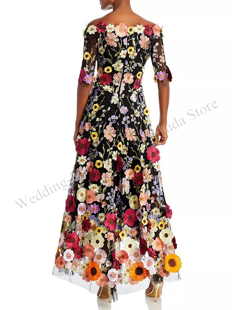 Flowers Prom Dresses Lace Appliques Boat Neck Half Sleeve Ankle-Length A-Line Evening Pageant Formal Party Wear 2023 New Summer