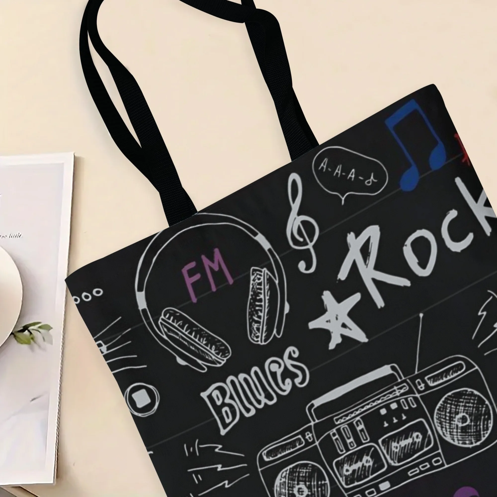 Rock Music Graffiti Canvas Women Tote Bag Black Music Print Shoulder Bag Large Capacity Casual Handbag Reusable Music Travel