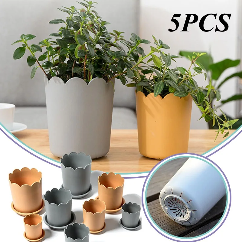 5PCS Resin Flower Pot With Tray Bright-colored Plastic Petal ,Edge Large Opening Flower Planter Creative Garden Home Garden Pots