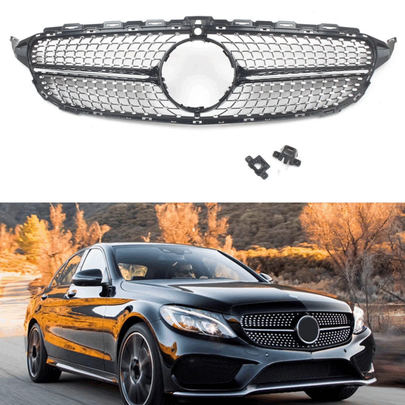 1x Diamond Look Grille W/ Camera for Mercedes Benz W205 C200 C250 C300 2015-2018