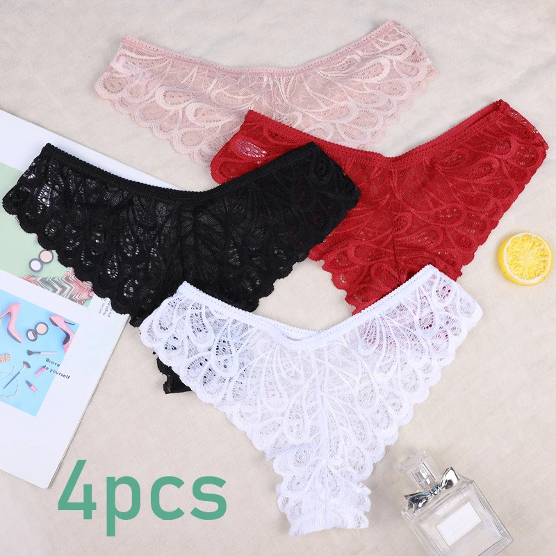 4pcs women's lace oversized underwear, loose and comfortable hollow out style, solid color briefs, feather breathable thong