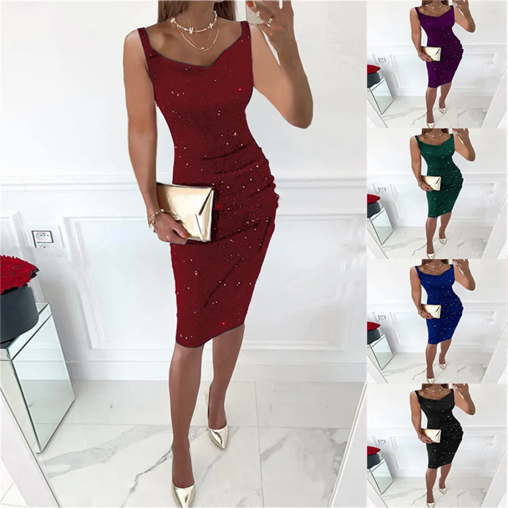 

Women's Spaghetti Straps Cocktail Dresses V-Neck Sleeveless Pleated Slim Sparkling Rhinestones Decor Party Dress