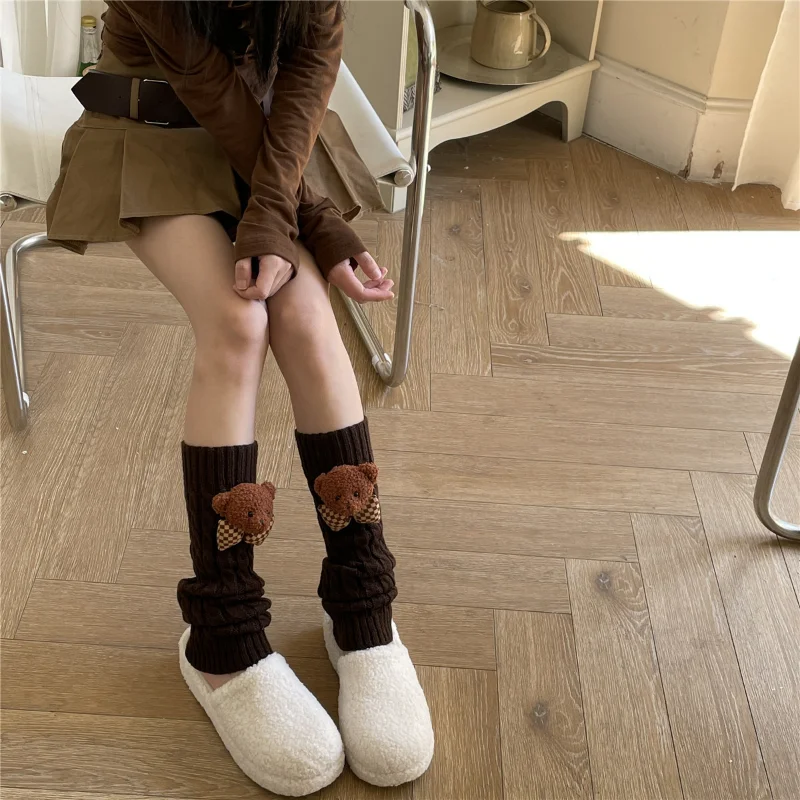 Harajuku White Leg Warmers Knitted linen socks Plush Bear Accessories Cute Design kawaii Women Lolita Socks JK Leg Warmers 2023