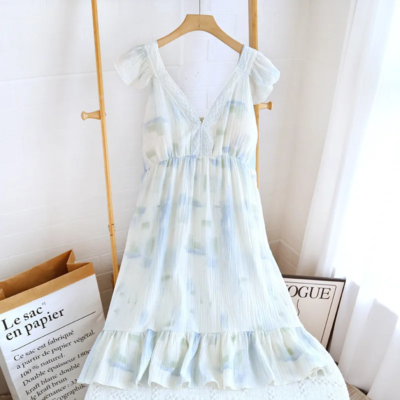 Chest Pad Pajamas Nightgown Flying Sleeve Nightdress Lace Stitching Dress Cotton Dresses Women 100% Summer Cool Suspender Skirt