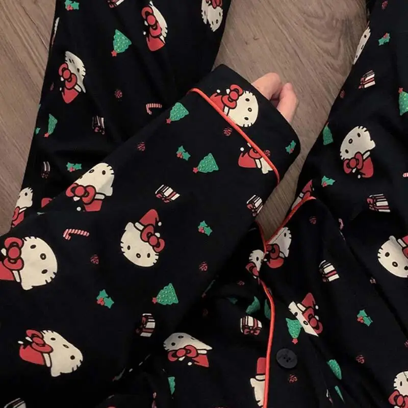 Hello Kittys – ensemble pyjama imprimé pour femmes, printemps-automne, dessin animé, manches longues, pantalon, vêtements de nuit décontractés, tenue de maison