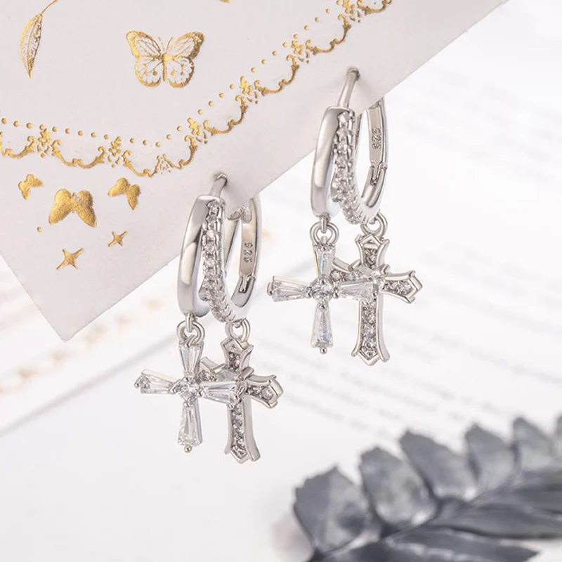 

Micro Inlaid Zircon Double Cross Ear Buckle for Women Light Luxury High-end Niche Design Earrings 925 Silver Ear Jewelry KOFSAC