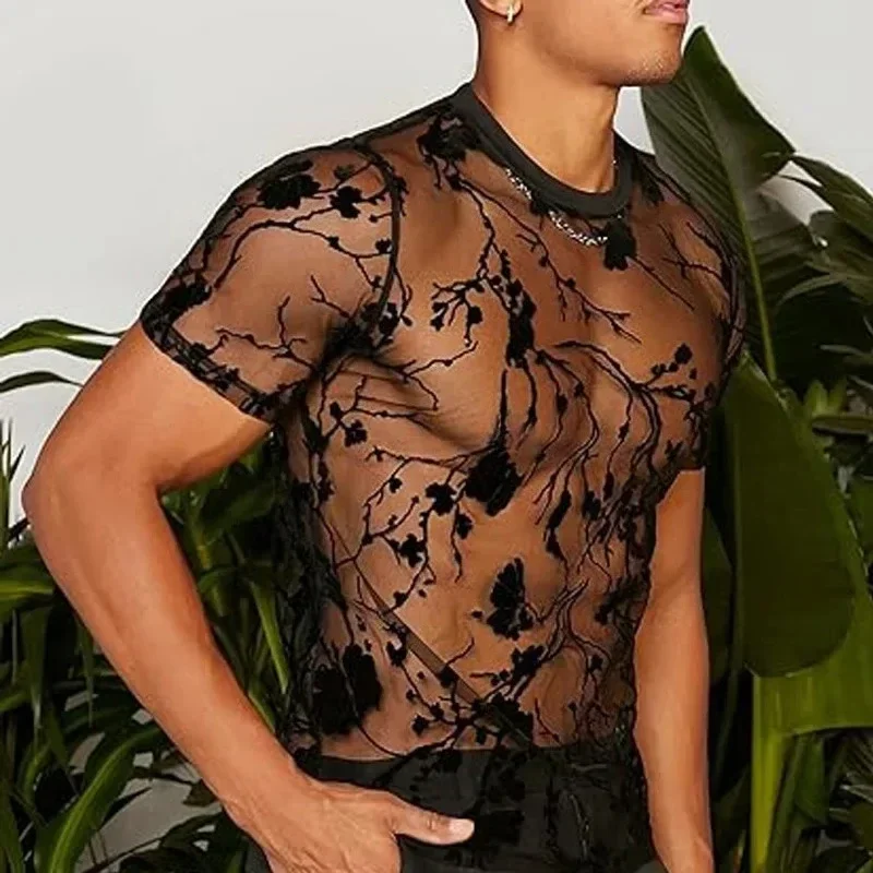 Sexy Flocking Mesh See-Through Short Sleeve T-shirt Men 2026 Summer Thin Fragmented Floral Print Design Y2K Round Neck Tee