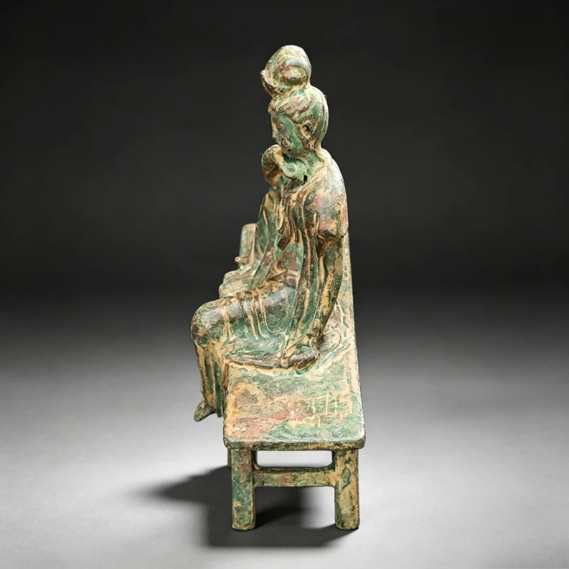 Immagine 6: Statua Antica di Guanyin Buddha Seduto su Panca, Figurina Kwan-Yin del Buddhismo Tibetano, Decorazione per Altare Domestico