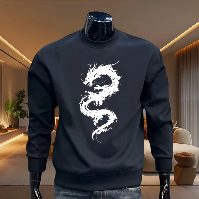 Camiseta Masculina de Manga Longa Dragão Chinês, Pulôver Quente e Confortável para Uso Diário Casual, Primavera e Outono, para Casa e Atividades ao Ar
