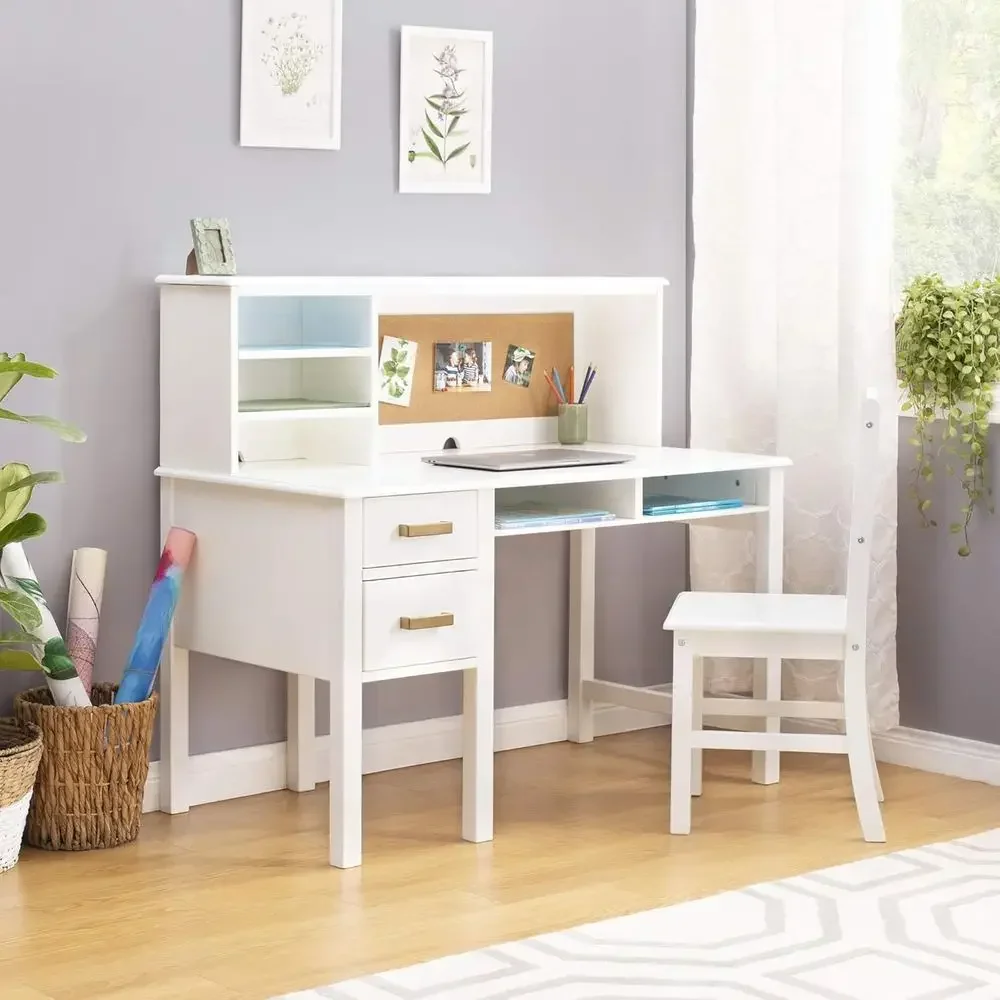 Children's White Wooden Desk and Chair Set with Storage Hutch, Shelves, and Corkboard for Study and Playroom Furniture