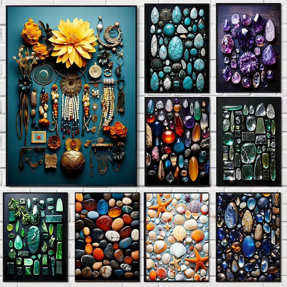 Modern Art Featuring Colorful Stones and Crystals, Surrounded By Flower Posters, Decorative Paintings for The Living Room