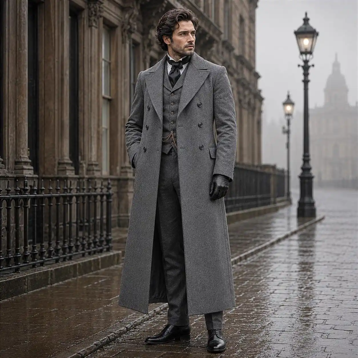 Classic Grey Herringbone Tweed Double-Breasted Overcoat with Half Belt Back Men Autumn Vintage Long Coat Customized E2690