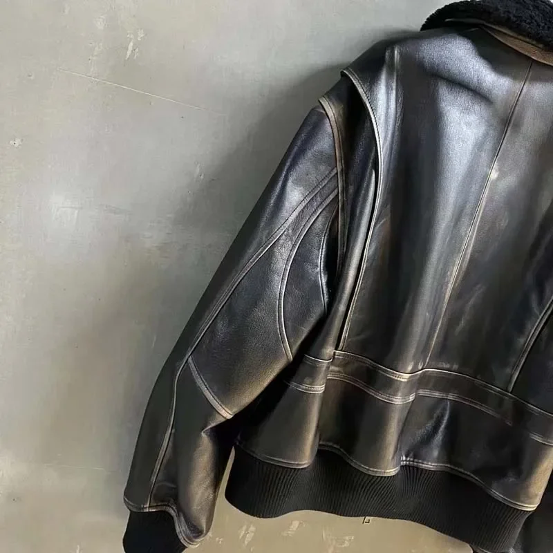 Women's Thick Warm Genuine Leather Jacket with Natural Real Wool Collar Aging Process Winter Coat Stylish 2025 New Arrival