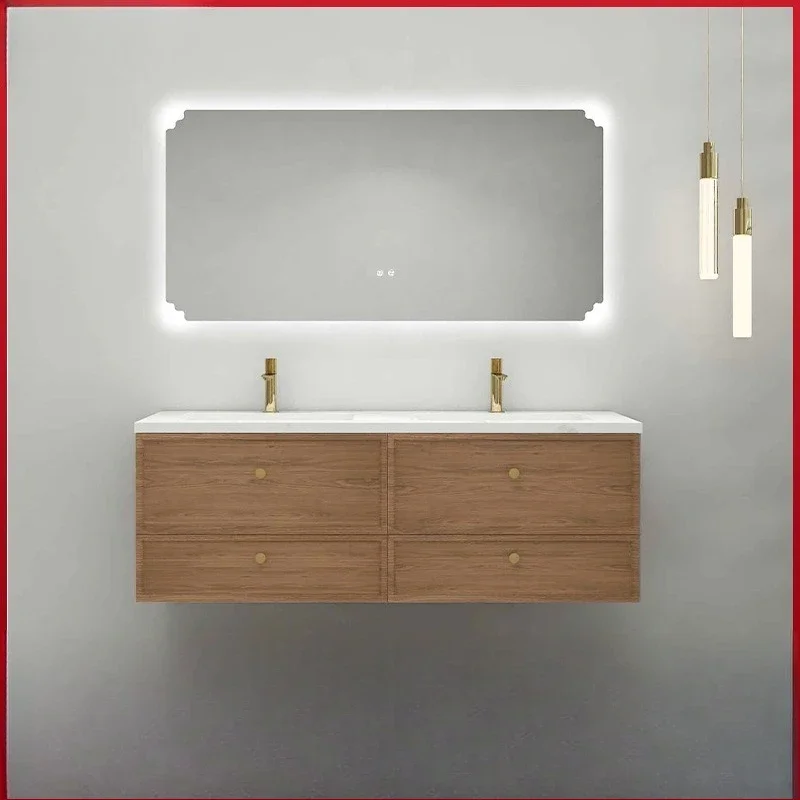 newMedieval simple wind bathroom cabinet rock slab countertop washbasin integrated wash basin log wind solid wood multi-layer