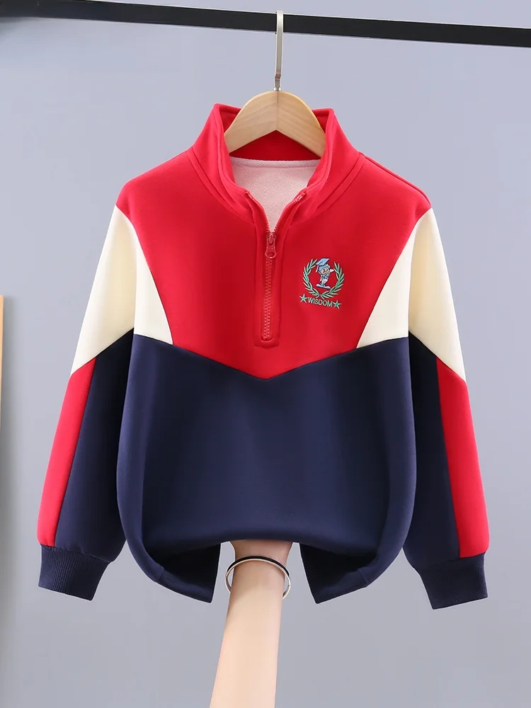 男の子用フリース裏地付きパーカー-春秋スタイル-子供用赤い服-大きな子供用上着-男の子用衣類-保温機能付き