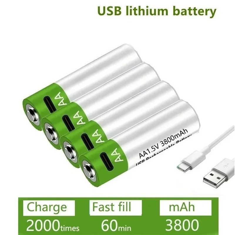 Fast Charging 1.5V AA Lithium Ion Battery with 3800mah Capacity and USB Rechargeable Lithium USB Battery for Toy Keyboard