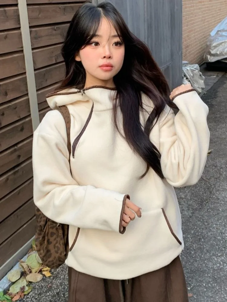 Sudadera con capucha Fce de doble cara de Faion coreana para mujer, sudadera holgada de invierno para exteriores, sudadera de moda