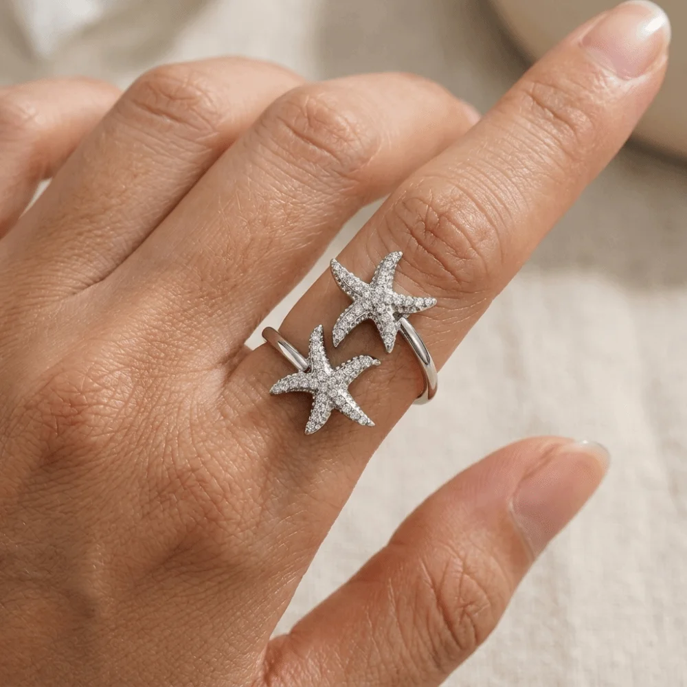 Stainless Steel Fish Tail Starfish Shell Finger Ring Exquisite Fashion Cubic Zirconia Ring Jewelry Vintage Ocean Style Ring