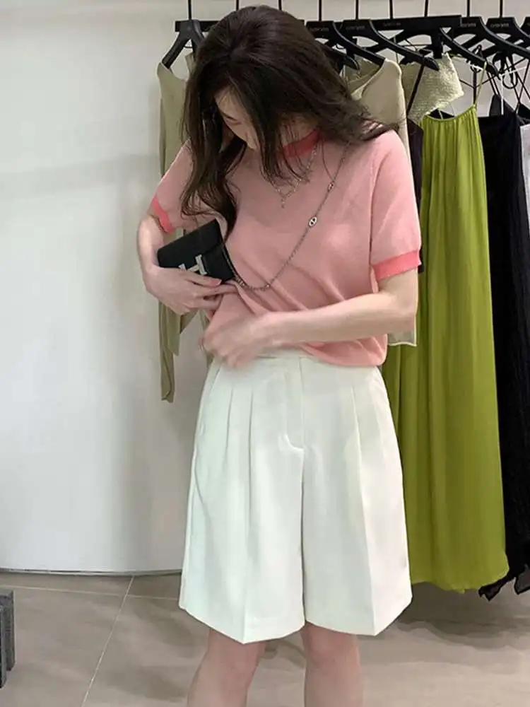 

Pink ort-Sved T-irt Women's Cute Sle round Ne ort Sve Pure Color Summer New Arrival Small Loo AXY-457