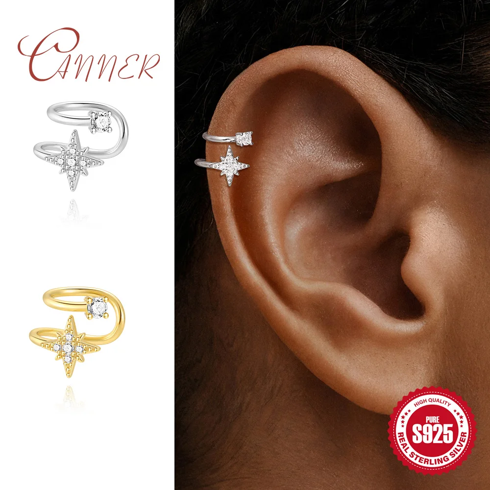 

CANNER 925 sterling silver 1PC Octagonal Star Double-layer Zircon Ear Clips For Women party Fine Jewelry pendientes mujer﻿