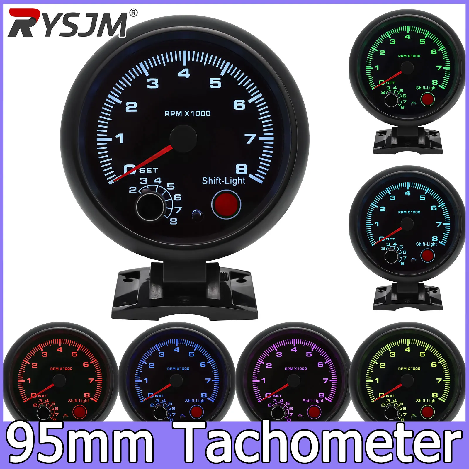 0-8000 RPM Meter 7 Colors 95mm Tachometer Black Car Tacho Meter Gauge For 4 6 8 Cylinder 12V Shift Light Auto Tacometro Moto