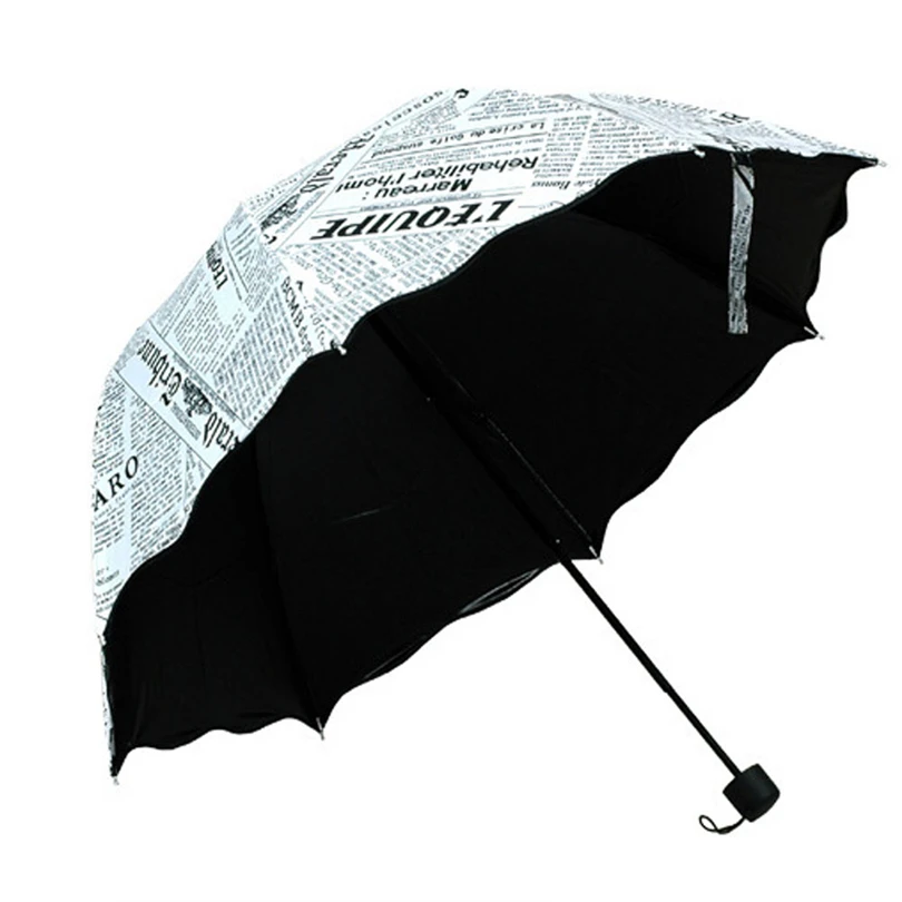 Newspaper Printing Three Folding Umbrellas Woman Lady Princess Dome Parasol Sun Rain Umbrella Flouncing  Lotus Leaves