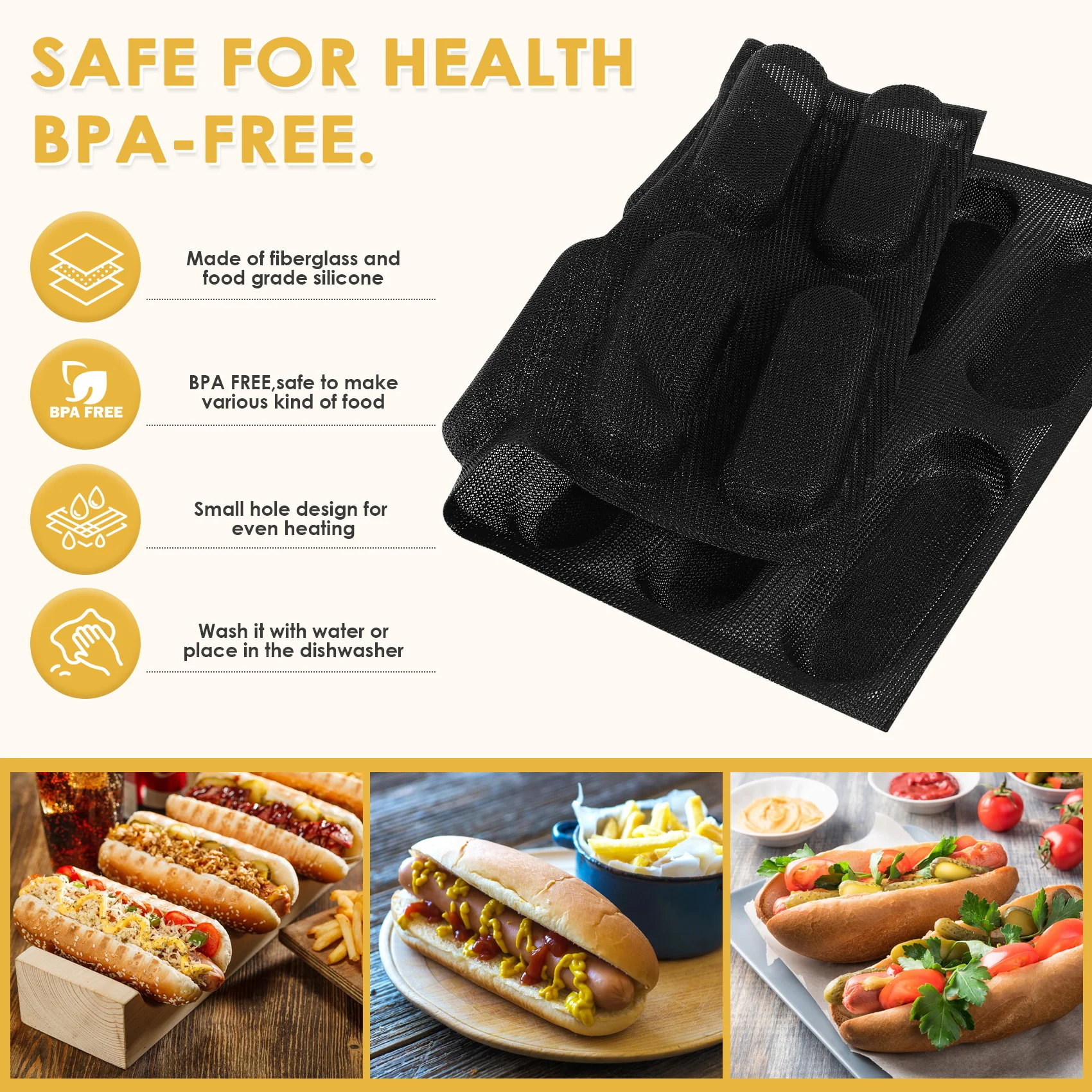 A88M Panci Silikon Bentuk Loyang Roti Perancis Berlubang Anti Lengket, Cetakan Hot Dog, Alas Alas Kue Cetakan Roti