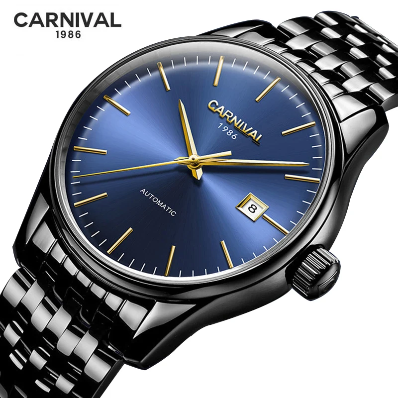 

Carnival New Fashion Men's Mechanical Watches Stainless Steel Waterproof Calendar Simple Automatic Watch Men Relogio Masculino