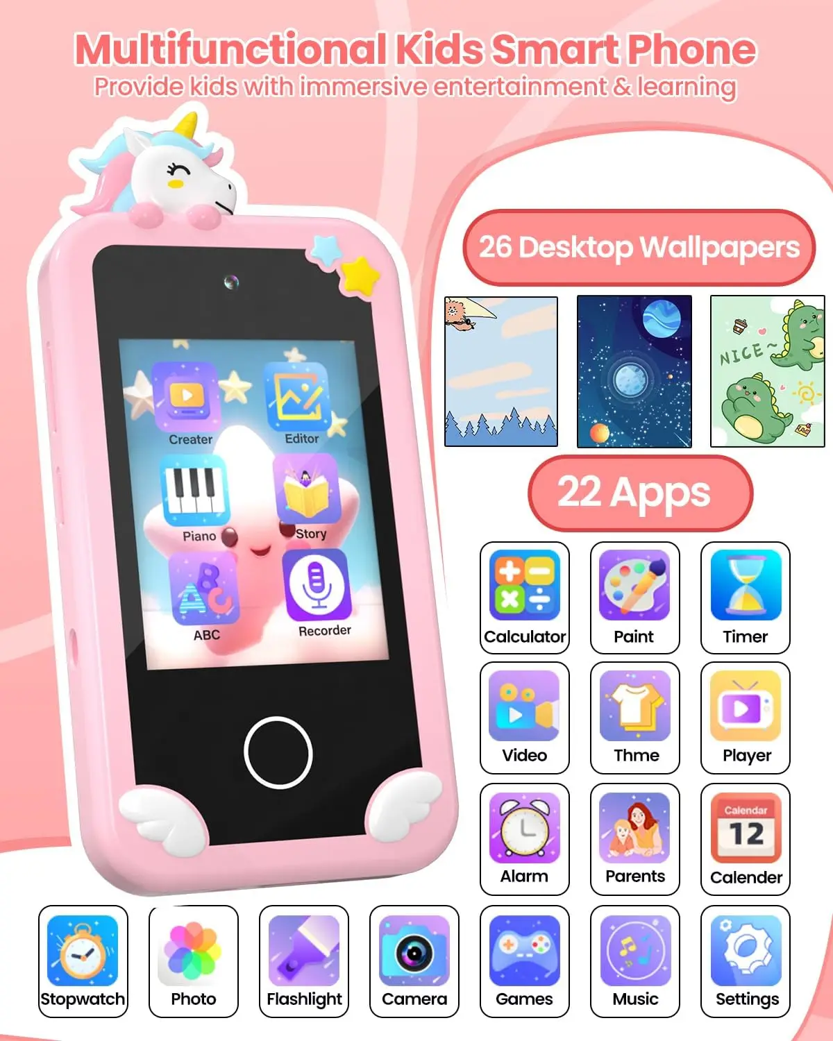 Smartphone per bambina con scheda 32G, giocattolo per l'apprendimento del bambino con touch screen da 2,8 pollici, doppia fotocamera, lettore musicale (rosa)